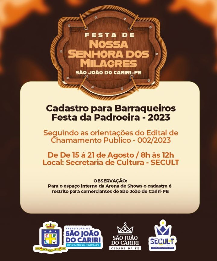 Aberto o cadastro para aluguel de barracas na Festa de Nossa Senhora dos Milagres, em São João do Cariri-PB, 2023