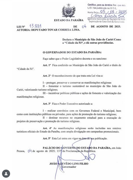 São João do Cariri é oficialmente reconhecida como “Cidade da Fé”