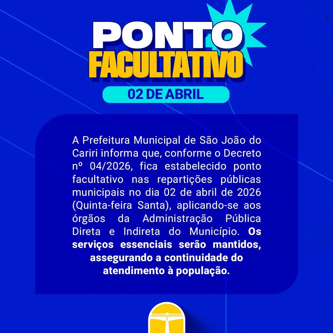 São João do Cariri: Ponto facultativo dia 2 de abril; serviços essenciais mantidos