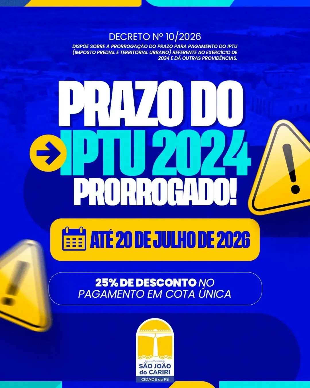Prefeitura prorroga prazo para pagamento do IPTU 2024 com desconto em cota única