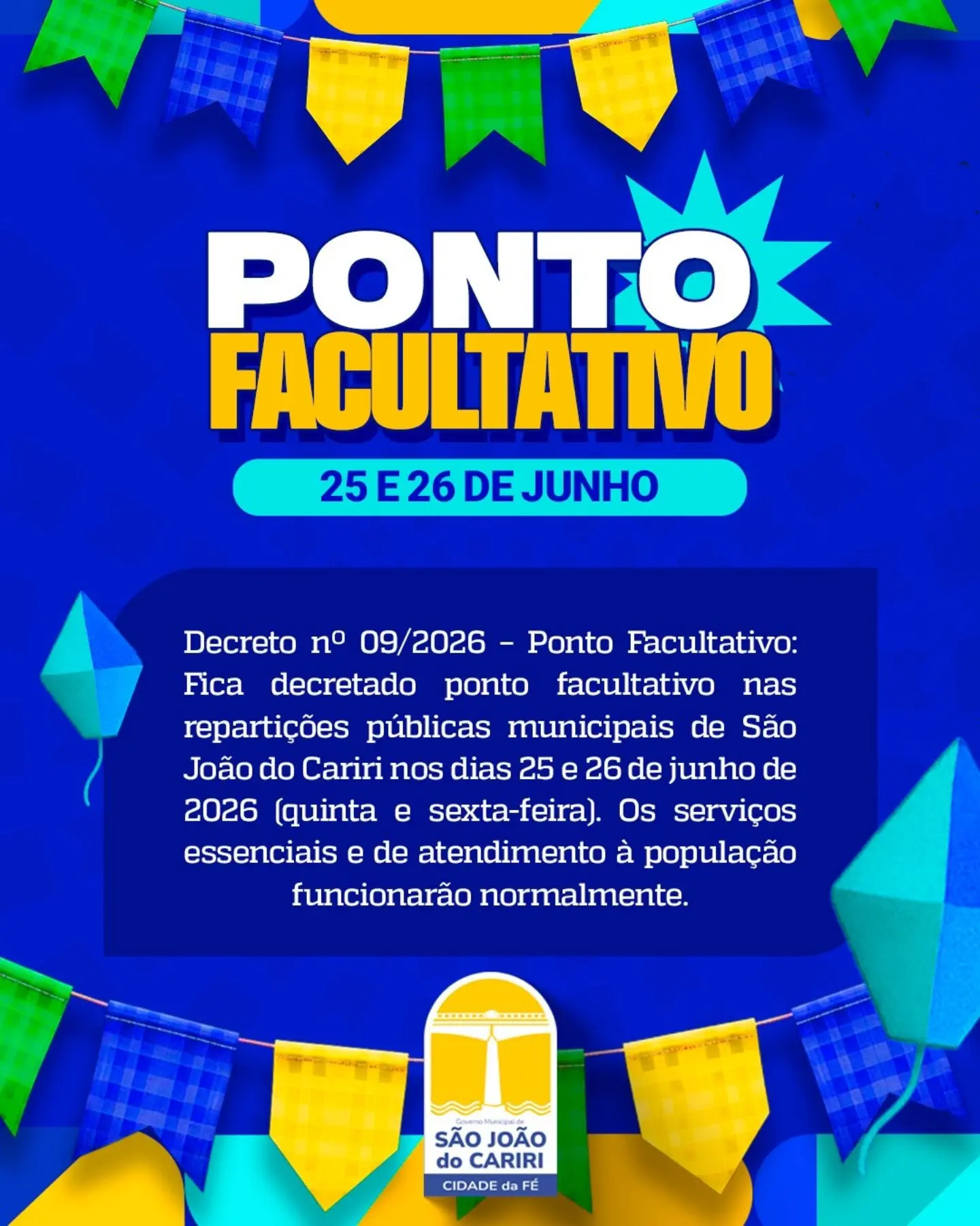 Prefeitura decreta ponto facultativo e mantém serviços essenciais em funcionamento